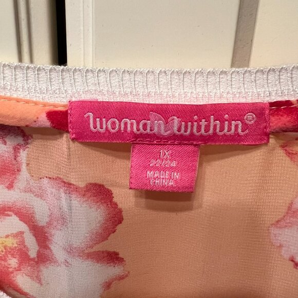 WOMAN WITHIN 2-Pc “Orange Cream” Sheer Floral Short Sleeve Tunic & Tank (Size1X) - Picture 2 of 11